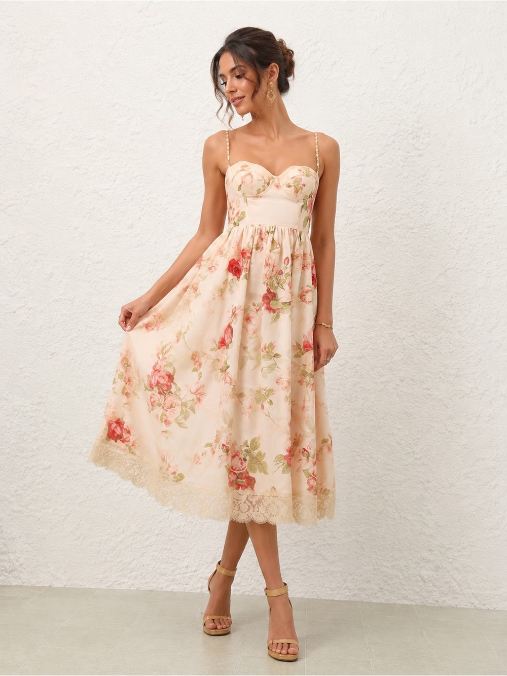 Zimmermann Peach Floral Lace-Trim Midi Dress